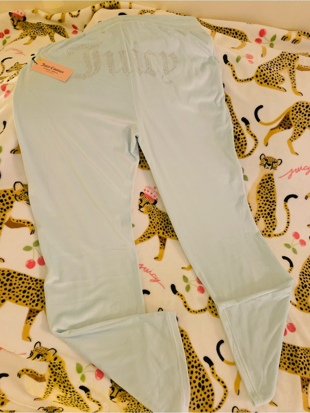Juicy Couture Lounge Pants Blue Diamond Rhinestone  Size Large Velour Y2K Bling